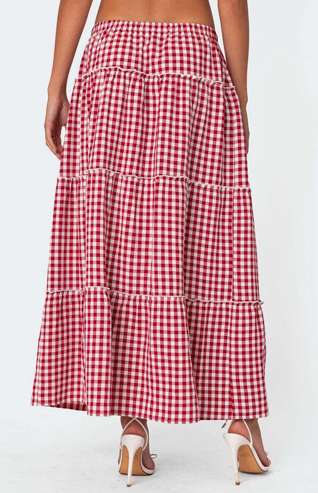 Edikted Gingham Side Slit Tiered Maxi Skirt