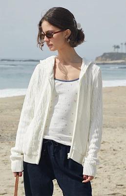 John Galt White Cable Knit Zip Up Hooded Sweater
