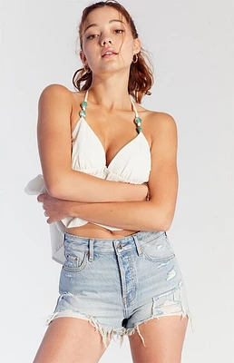Pacsun Light Indigo Ripped Button Fly High Waisted Denim Festival Shorts