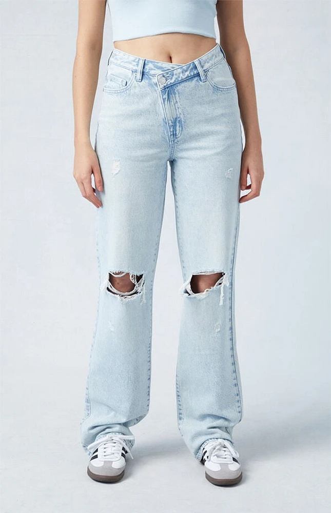 Pacsun '90s Boyfriend Jeans Ripped Asymmetrical Waistband Light Indigo