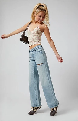 Pacsun Casey Low Rise Baggy Jeans Ripped Slit Light Indigo