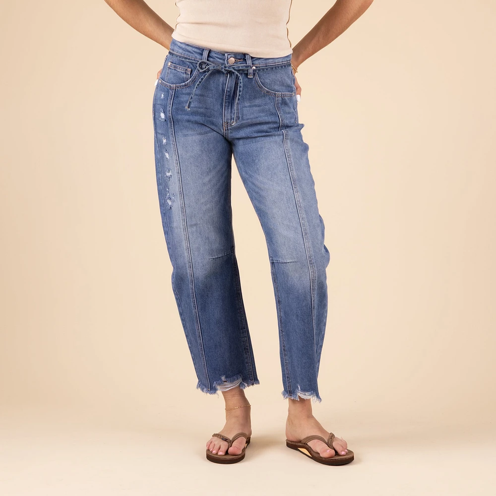High Rise Tie Waist Barrel Jeans
