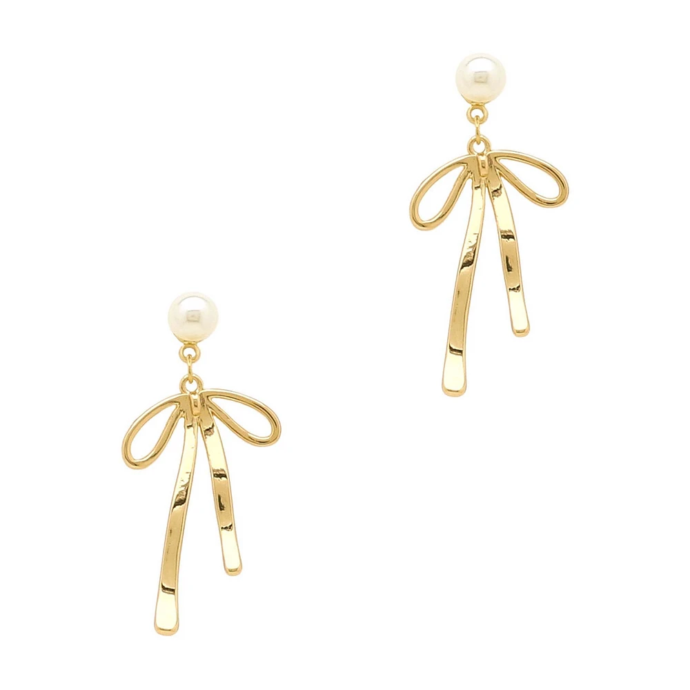 Pearl with Bows Gold Drop Earrings