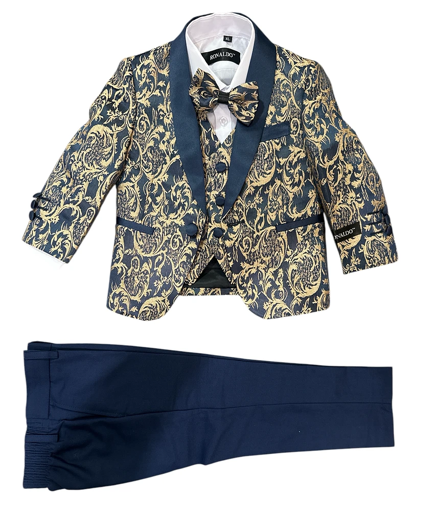 Ronaldo 5 pc Navy and Gold Jacquard Suit