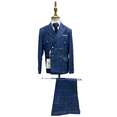 Royal  Blue Plaid Double Brested 5 pc Suit