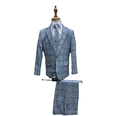 Ronaldo Grey Blue Plaid 5 pc Suit
