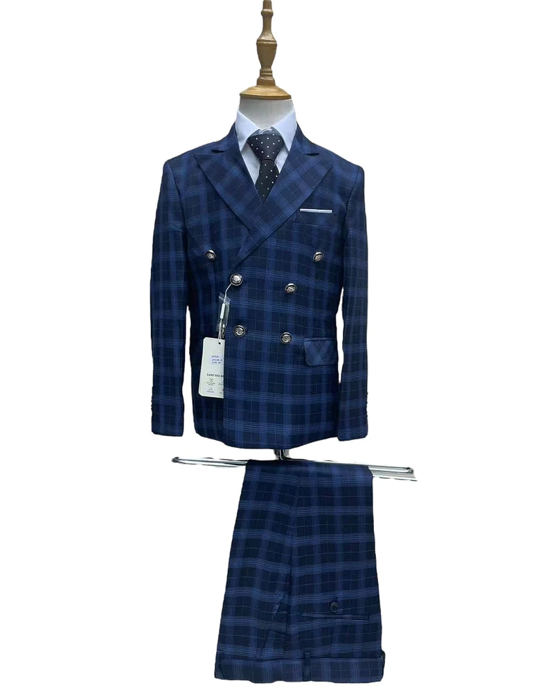 Navy Blue Plaid Double Brested 5 pc Suit