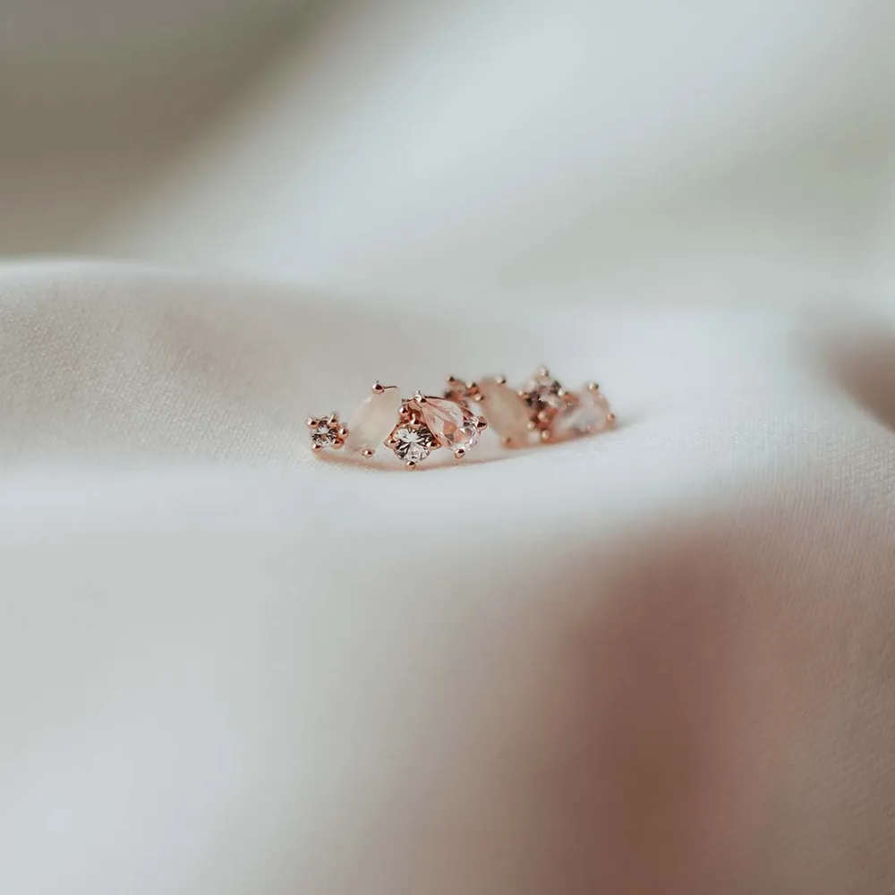 Earrings with White Topaz, Moonstone, and Rose Quartz Earrings in Rose Tone Sterling Silver