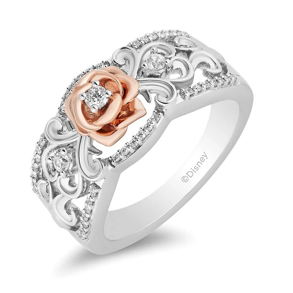 Enchanted Disney Belle Rose Ring with .20 Carat TW of Diamonds in Sterling Silver and 10kt Rose Gold