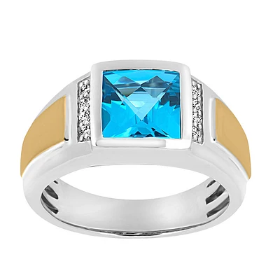 Ring with Blue Topaz and .10 Carat TW of Diamonds in 10kt White and Yellow Gold