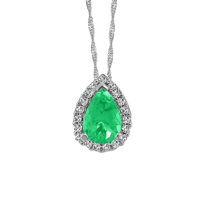 10KT White Gold Diamond and Emerald Pendant with Chain
