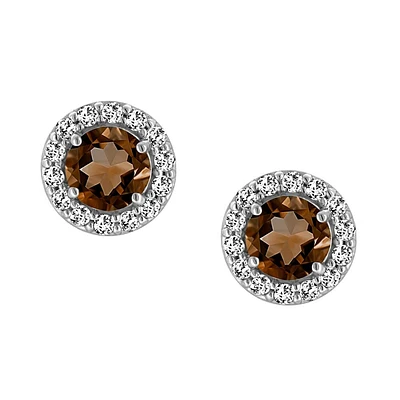 Earrings with Genuine Smoky Quartz and Cubic Zirconia in Sterling Silver