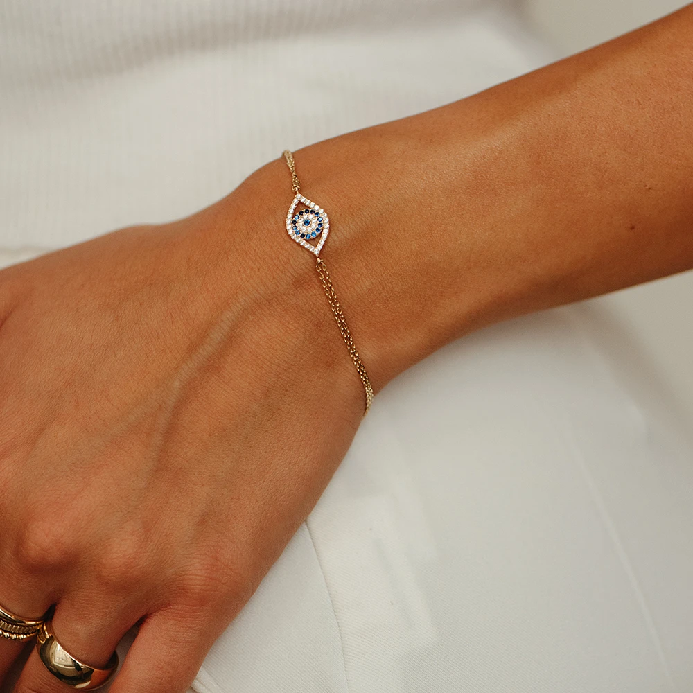 7″ Evil Eye Bracelet with Cubic Zirconia in 10kt Yellow Gold