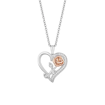 Enchanted Disney Belle Pendant with .10 Carat TW of Diamonds in Sterling Silver and 10kt Rose Gold with Chain