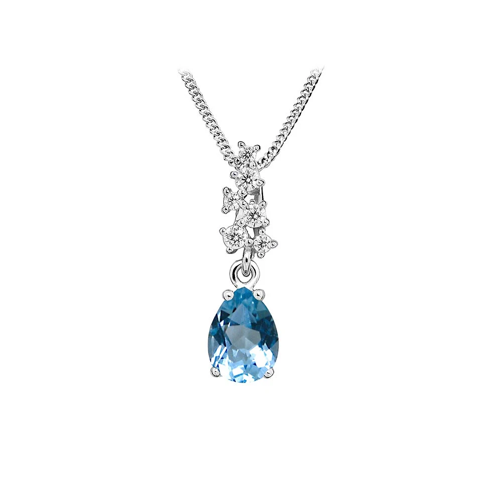 Pendant with Blue Topaz and Cubic Zirconia in Sterling Silver with Chain
