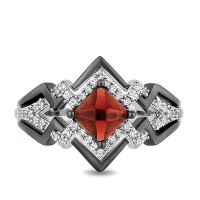 Enchanted Disney Cruella Lightning Bolt Ring with Garnet and .20 Carat TW of Diamonds in Sterling Silver