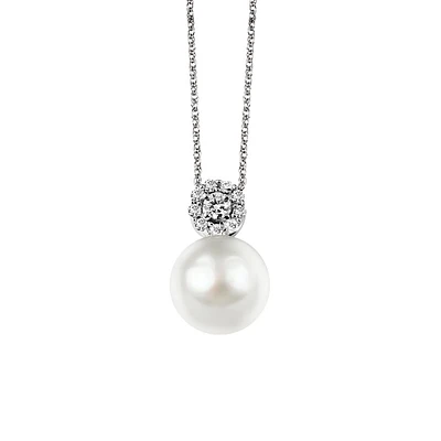 Pendant with .06 Carat TW of Diamonds and Pearl in 10kt White Gold with Chain