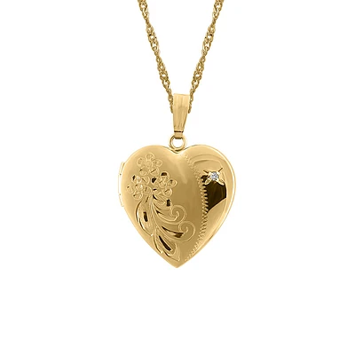 Heart Locket with .01 Carat of Diamond in 10kt Yellow Gold with Chain