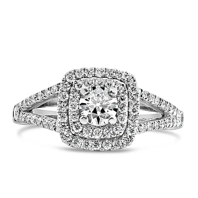 Northern Facet Ideal Cut Halo Engagement Ring with .84 Carat TW of Diamonds in 18kt White Gold