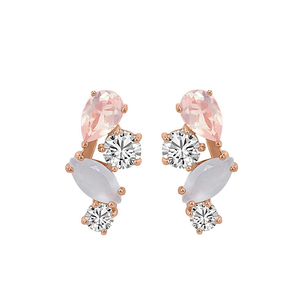 Earrings with White Topaz, Moonstone, and Rose Quartz Earrings in Rose Tone Sterling Silver