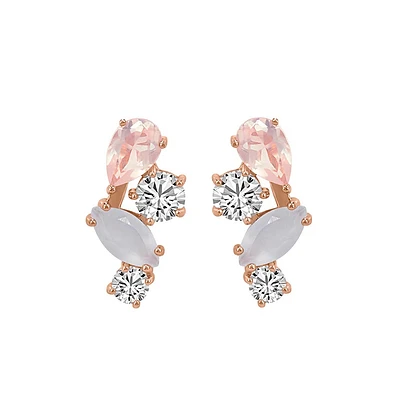Earrings with White Topaz, Moonstone, and Rose Quartz Earrings in Rose Tone Sterling Silver
