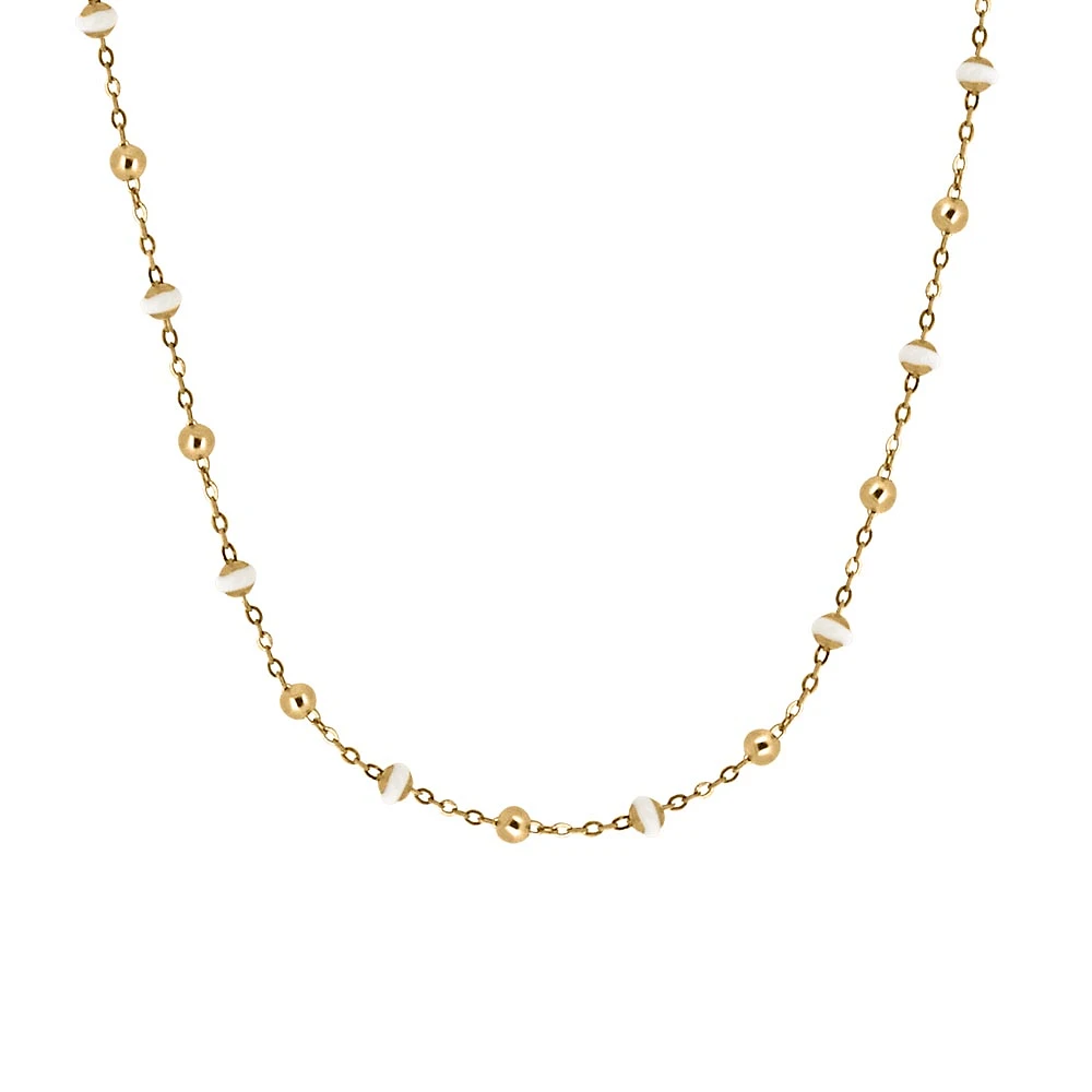 16″+2″ Beaded Chain with White Enamel in 10kt Yellow Gold