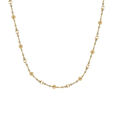 16″+2″ Beaded Chain with White Enamel in 10kt Yellow Gold