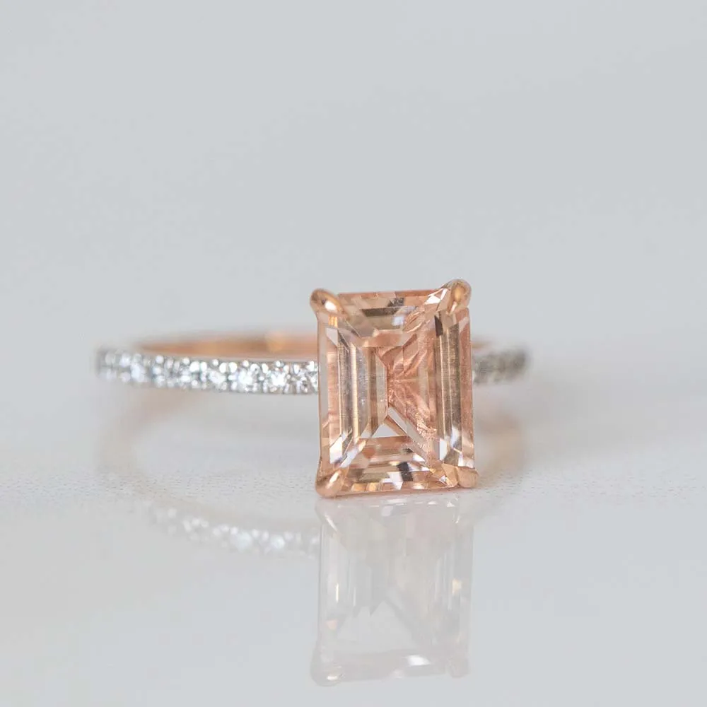Ring with 8X6MM Emerald Cut Morganite and .20 Carat TW of Diamonds in 14kt Rose Gold