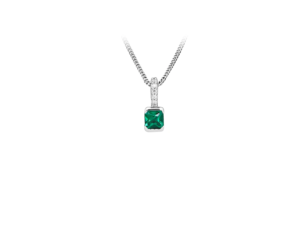 Pendant with Created Emerald and Cubic Zirconia in Sterling Silver with Chain