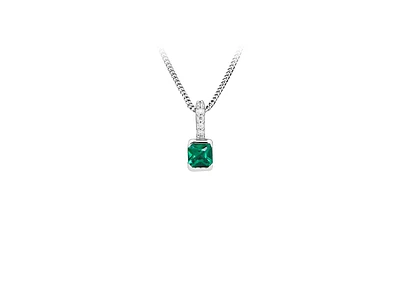 Pendant with Created Emerald and Cubic Zirconia in Sterling Silver with Chain