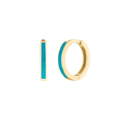 Huggies Hoop Earrings with Turquoise Enamel in 10kt Yellow Gold