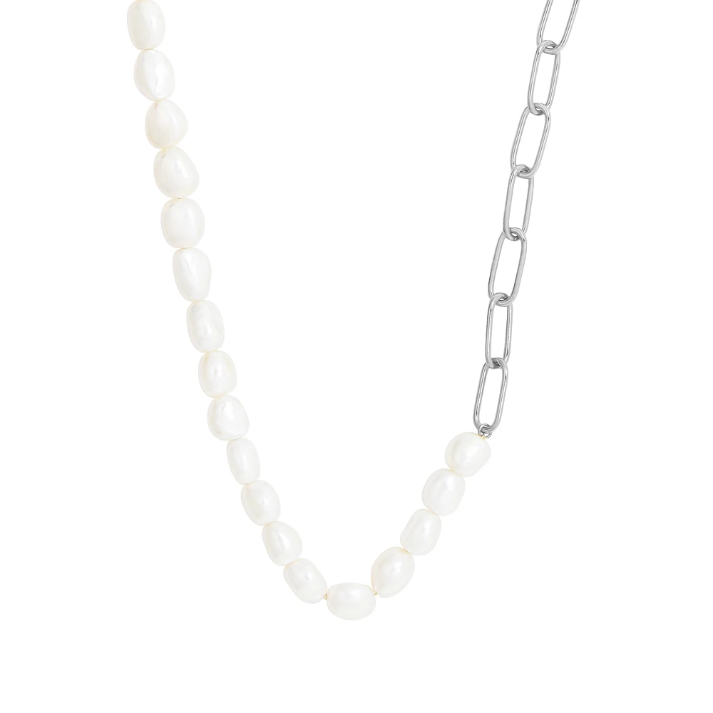 Paperclip Necklace with White Freshwater Pearl in Sterling Silver