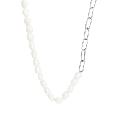 Paperclip Necklace with White Freshwater Pearl in Sterling Silver