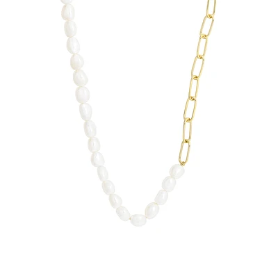 Paperclip Necklace with White Freshwater Pearl in Gold Plated Sterling Silver