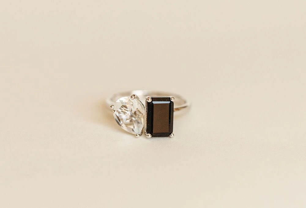 Toi et Moi Ring with Onyx and White Topaz in 14kt White Gold