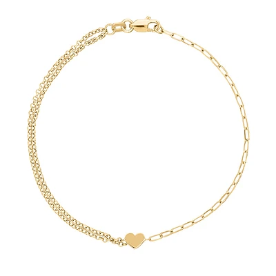 7.5″ Paperclip and Rolo Chain Mini Heart Bracelet in 10kt Yellow Gold