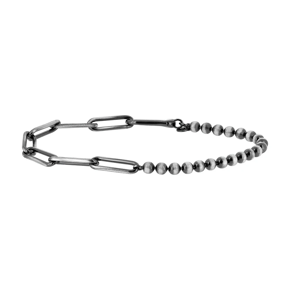 Men’s Brushed Gunmetal Paperclip and Bead Bracelet in Sterling Silver