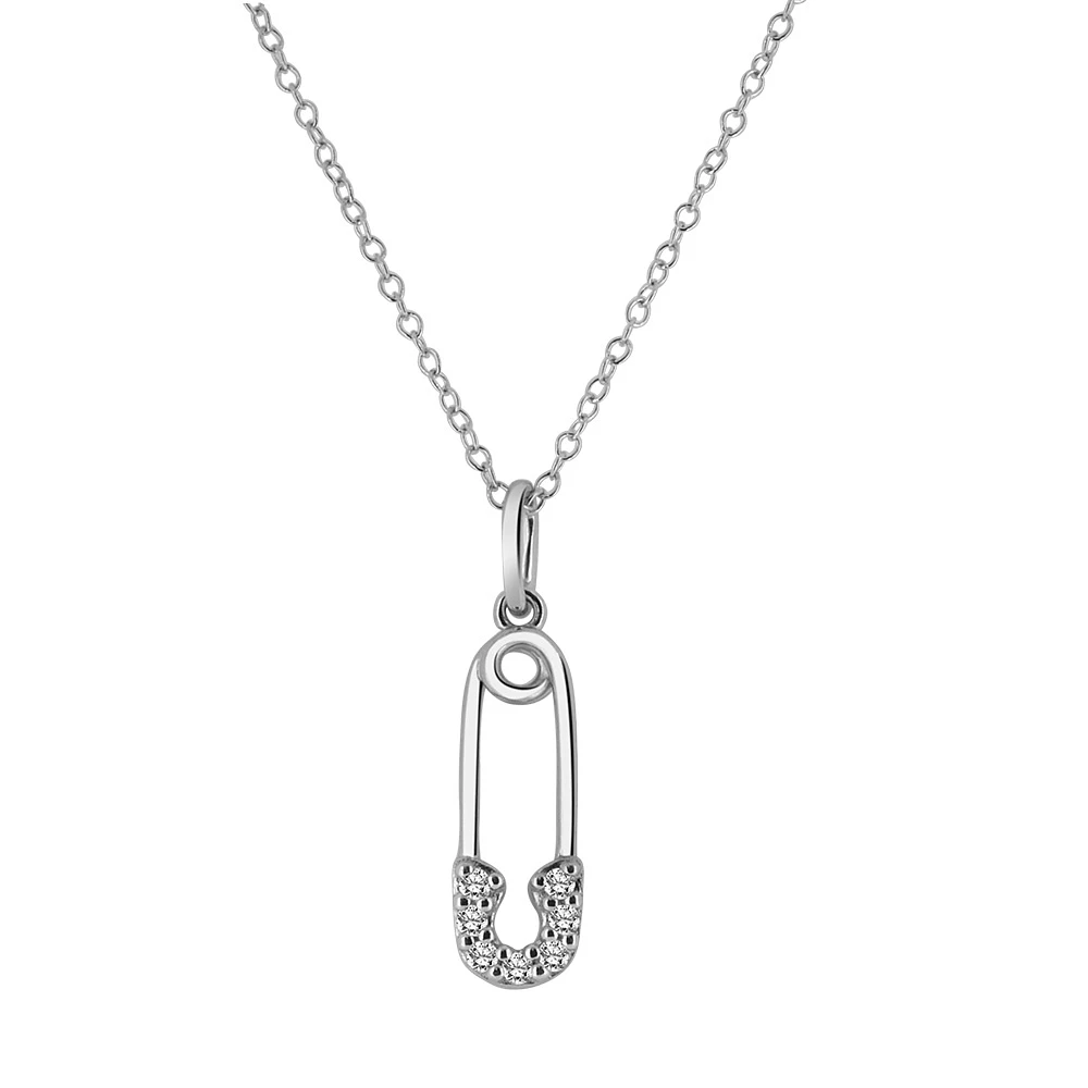 Safety Pin Pendant with Cubic Zirconia in Sterling Silver with Chain