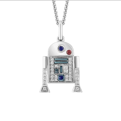 Star Wars R2-D2 Pendant with Blue Sapphire, Garnet and .14 Carat TW of Diamonds in Sterling Silver with Chain