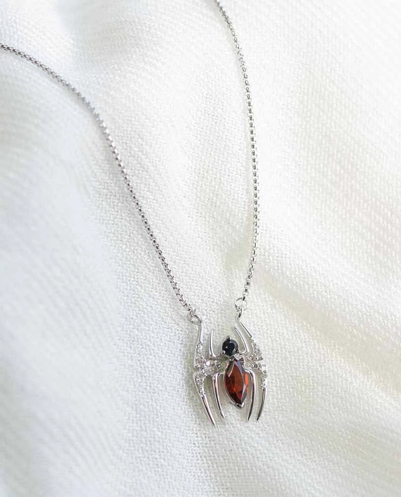 Marvel Spider-Man Pendant with Blue Sapphire, Garnet and .05 Carat TW of Diamonds in Silver with Chain