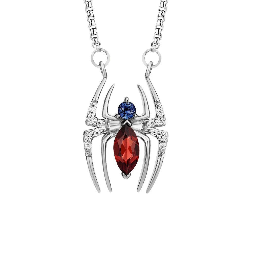 Marvel Spider-Man Pendant with Blue Sapphire, Garnet and .05 Carat TW of Diamonds in Silver with Chain