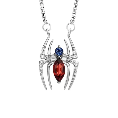 Marvel Spider-Man Pendant with Blue Sapphire, Garnet and .05 Carat TW of Diamonds in Silver with Chain