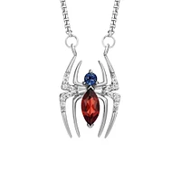 Marvel Spider-Man Pendant with Blue Sapphire, Garnet and .05 Carat TW of Diamonds in Silver with Chain