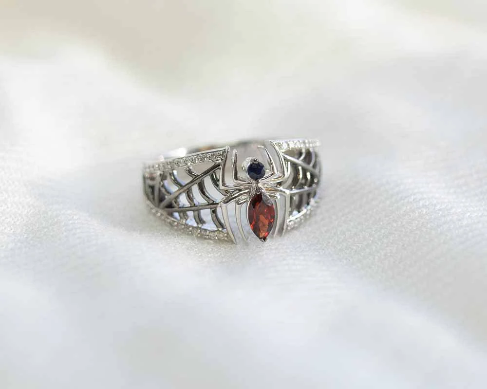 Marvel Spider-Man Ring with Blue Sapphire, Garnet and .17 Carat TW of Diamonds in Black Rhodium Plated Silver