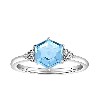 Ring with 7MM Hexagon Sky Blue Topaz and .09 Carat TW of Diamonds in 10kt White Gold
