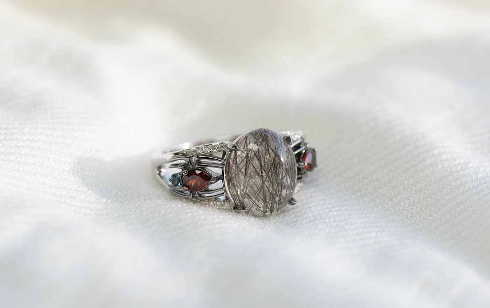 Marvel Spider-Man Ring with Rutilated Quartz, Garnet, London Blue Topaz and .05 Carat TW of Diamonds in Black Rhodium Plated Silver