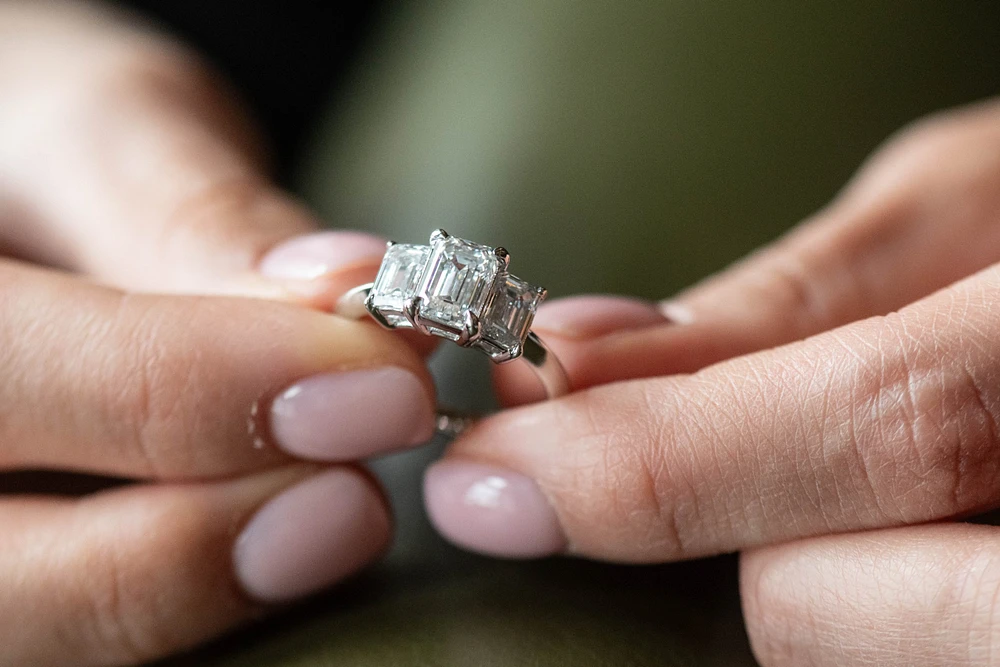 Emerald Cut Trinity Engagement Ring with 3.00 Carat TW of Lab Created Diamonds in 14kt White Gold
