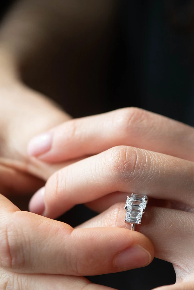 Emerald Cut Trinity Engagement Ring with 3.00 Carat TW of Lab Created Diamonds in 14kt White Gold