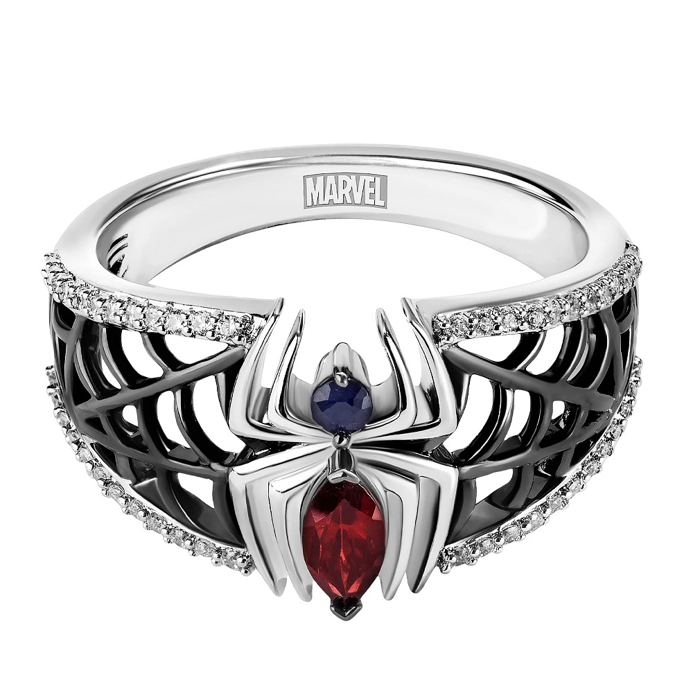 Marvel Spider-Man Ring with Blue Sapphire, Garnet and .17 Carat TW of Diamonds in Black Rhodium Plated Silver