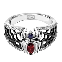 Marvel Spider-Man Ring with Blue Sapphire, Garnet and .17 Carat TW of Diamonds in Black Rhodium Plated Silver